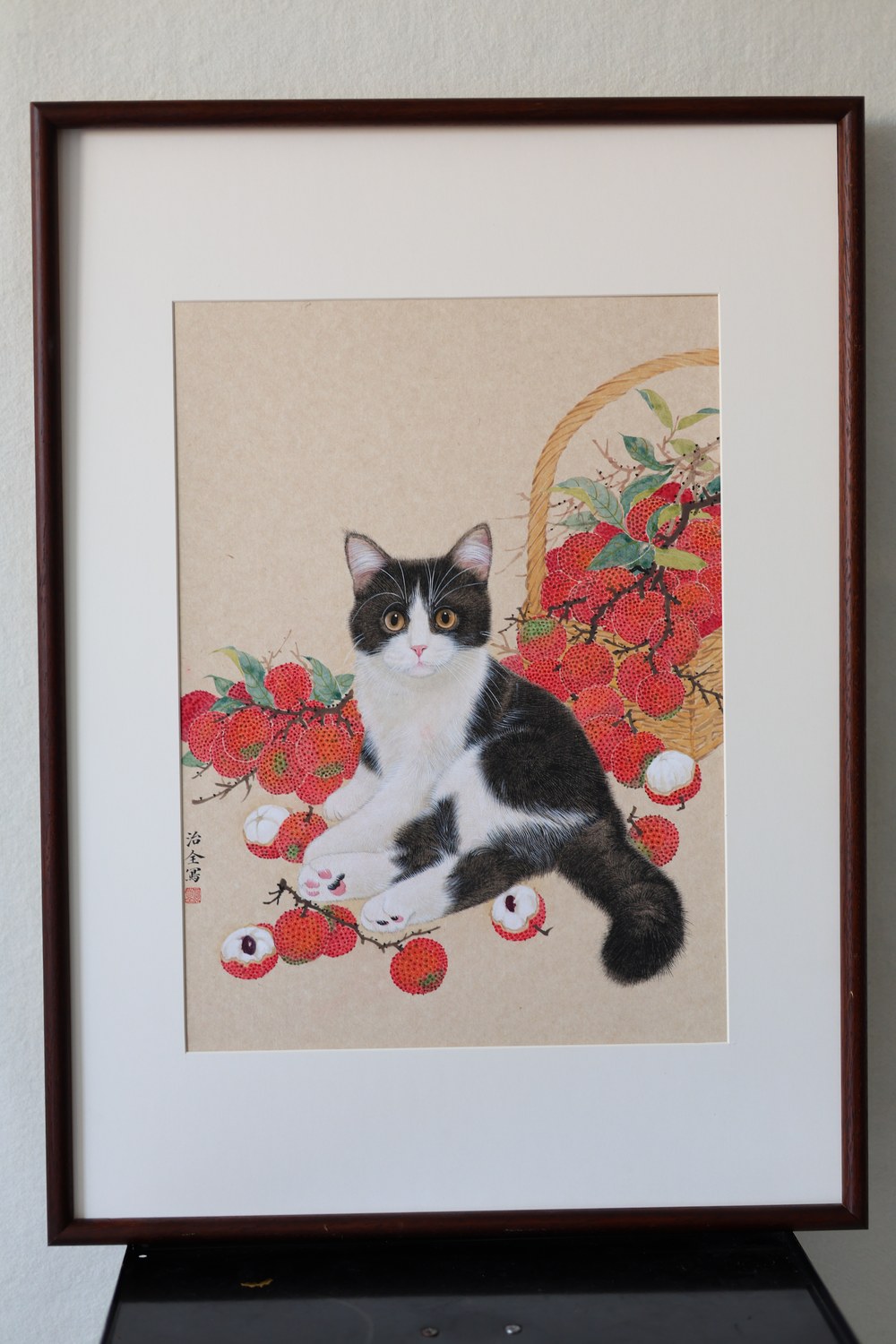 Framed original gongbi pet portrait