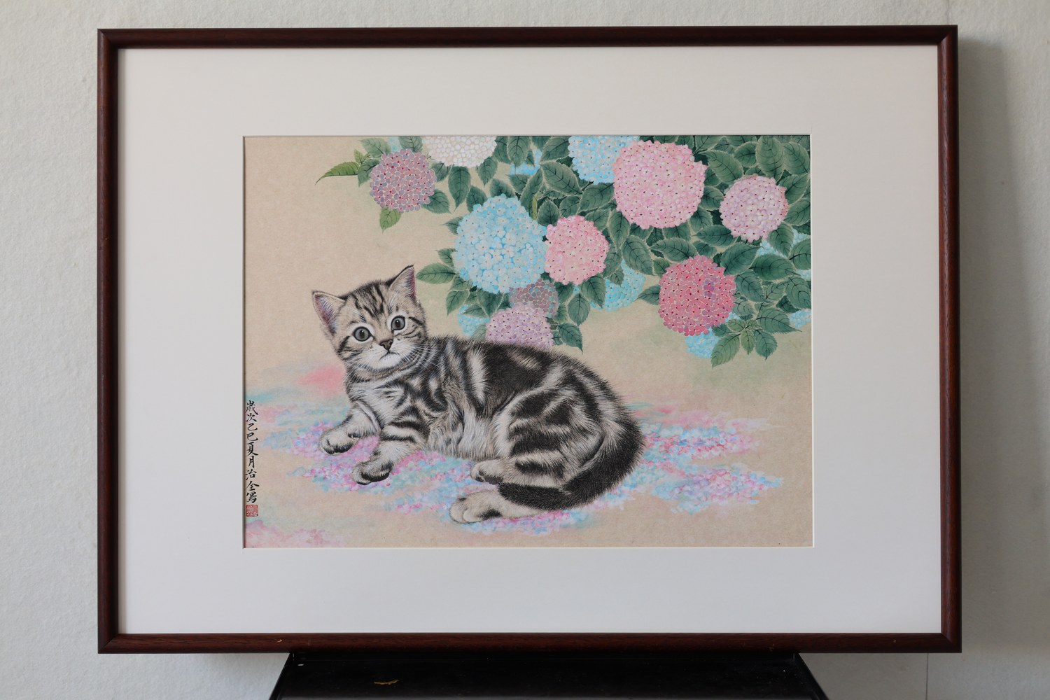 Framed original gongbi pet portrait